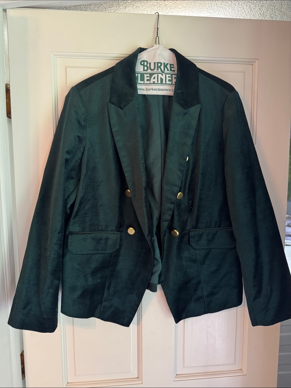 Chico's Deep Green Velvet Double-Breasted Blazer with Gold Buttons